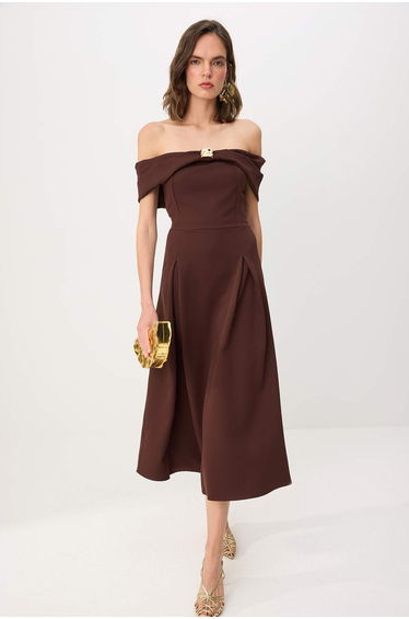 Brown Gold Detail Carmen Collar Woven Finike Midi Lined Party Dress