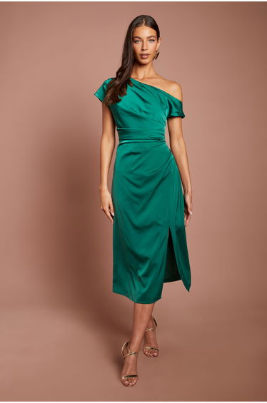 Off Shoulder Satin Side Tie Midi Dress