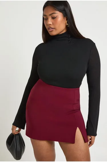 Plus Bengaline Split Aline Skirt - burgundy