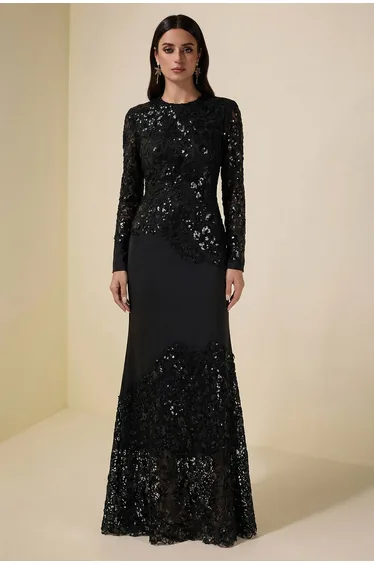 Sequin Splicing Embroidery Long Sleeve Maxi Dress