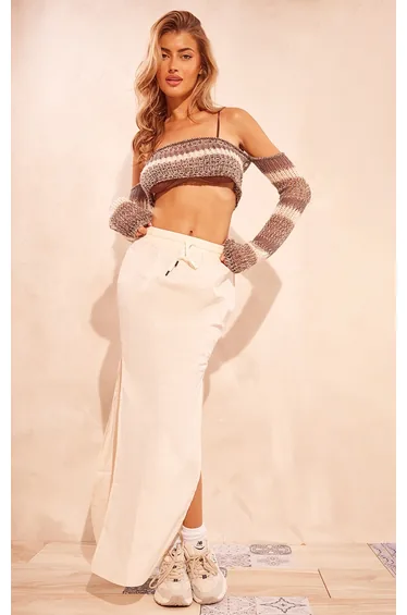 Ecru Cotton Poplin Split Side Drawstring Waist Midaxi Skirt