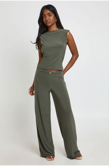 Cowl Back Crop Top With Trim - khaki
