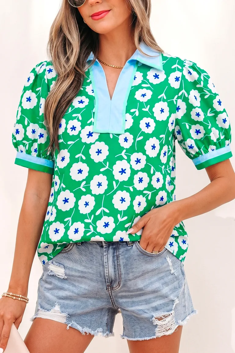 Lvness Green Flower Printed Contrast Patchwork Collar Short Sleeve Blouse