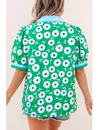 Lvness Green Flower Printed Contrast Patchwork Collar Short Sleeve Blouse - 1
