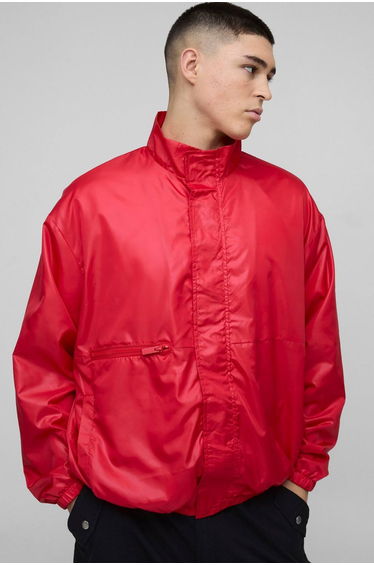 Oversized High Shine Funnel Neck Track Jacket - red