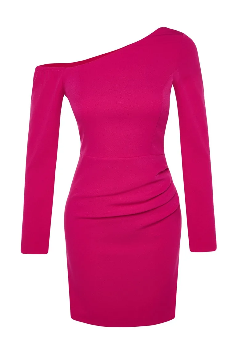 Pink Pleated Bodycon Mini Party Dress with Long Sleeve - 6
