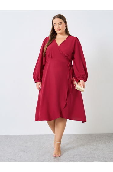 Plus Size Burgundy Wrap Midi Dress