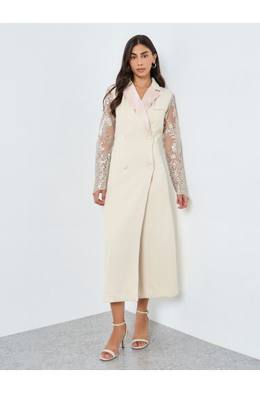 Cream Lace Sleeve Blazer Midi Dress