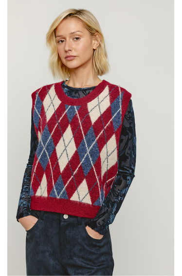 Red Argyle Knit Vest Top