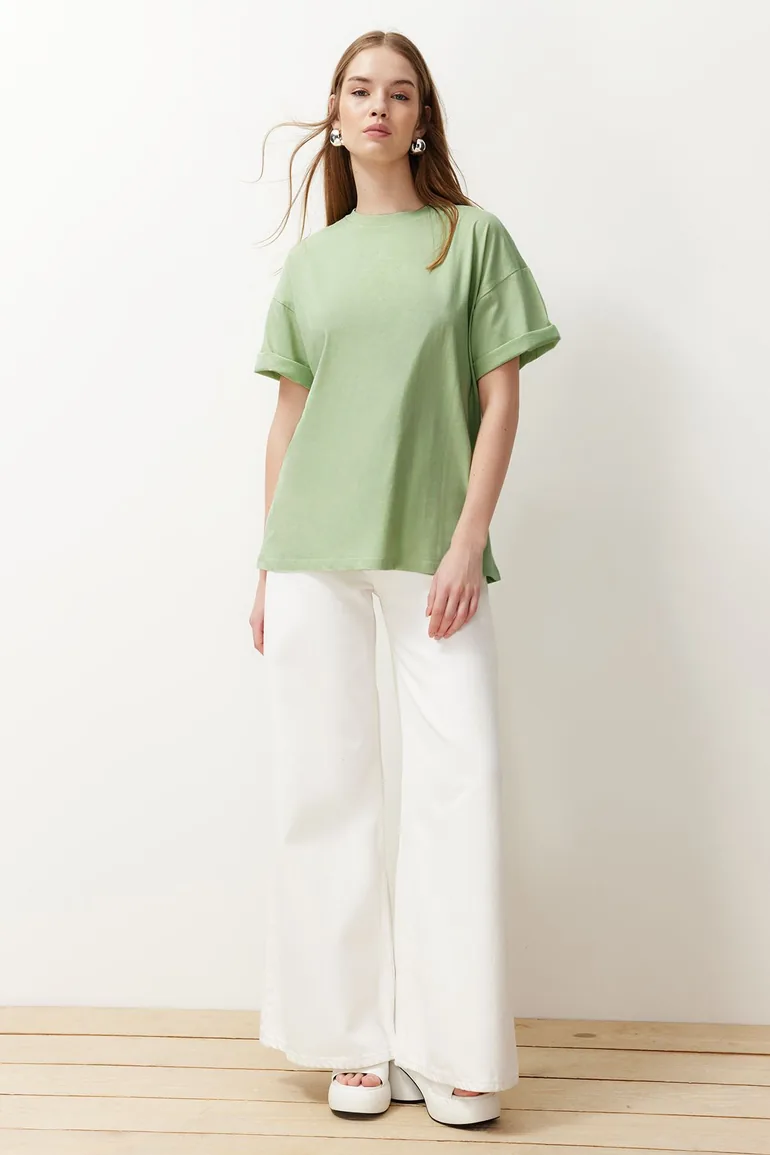 Mint 100% Cotton Boyfriend/Wide Fit Crew Neck Knitted T-Shirt