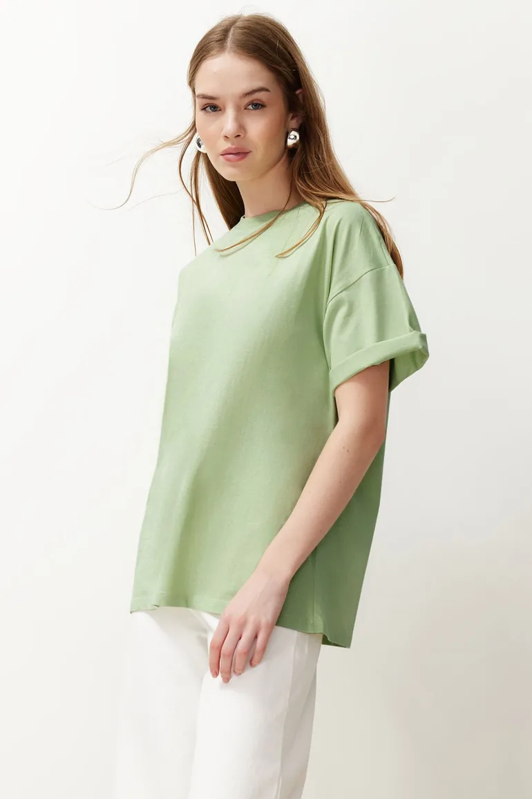 Mint 100% Cotton Boyfriend/Wide Fit Crew Neck Knitted T-Shirt - 1
