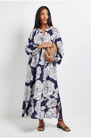 Petite Floral Collarless Midaxi Dress