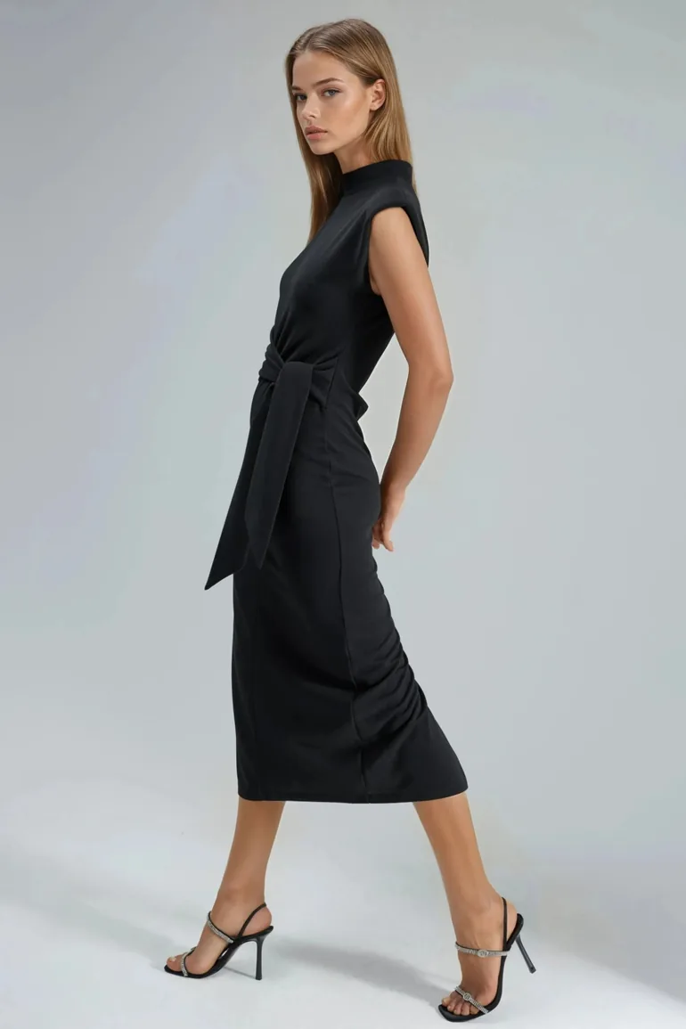 BUSEM Tie Detailed Stand Collar Midi Dress - 2