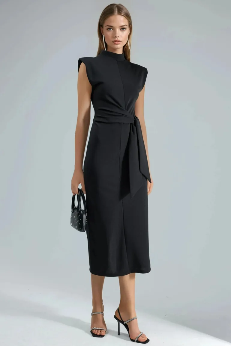 BUSEM Tie Detailed Stand Collar Midi Dress