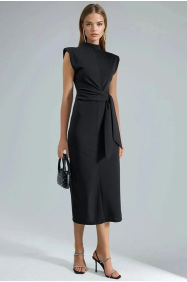 BUSEM Tie Detailed Stand Collar Midi Dress