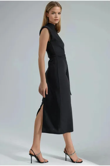 BUSEM Tie Detailed Stand Collar Midi Dress