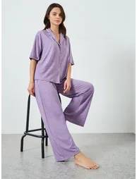 Purple Melange Knit Buttoned Shirt and Pyjama Set - 1