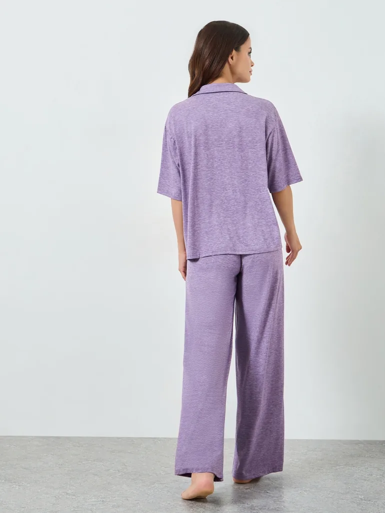Purple Melange Knit Buttoned Shirt and Pyjama Set - 5