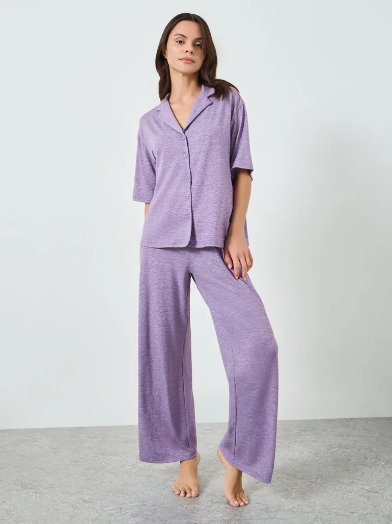 Purple Melange Knit Buttoned Shirt and Pyjama Set