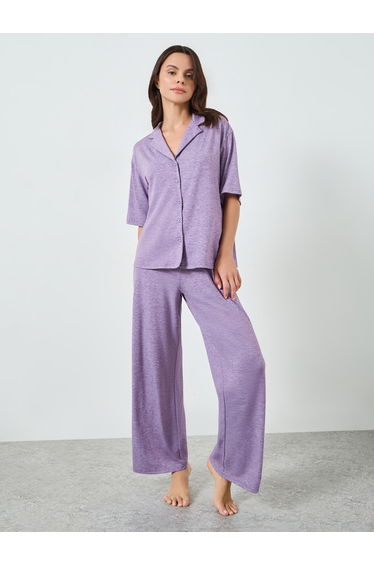 Purple Melange Knit Buttoned Shirt and Pyjama Set
