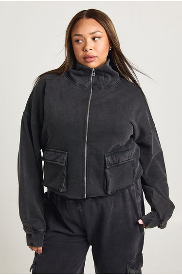 Plus Acid Washed Funnel Neck Jacket - charcoal