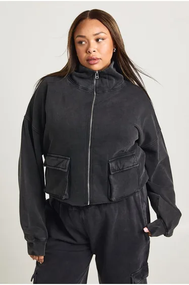 Plus Acid Washed Funnel Neck Jacket - charcoal