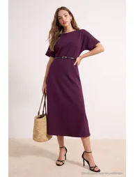 Mürdüm A-Line / Bell-Shaped Boat Neck Short Sleeve Belt Pack Midi Interlock Knitted Dress - 4