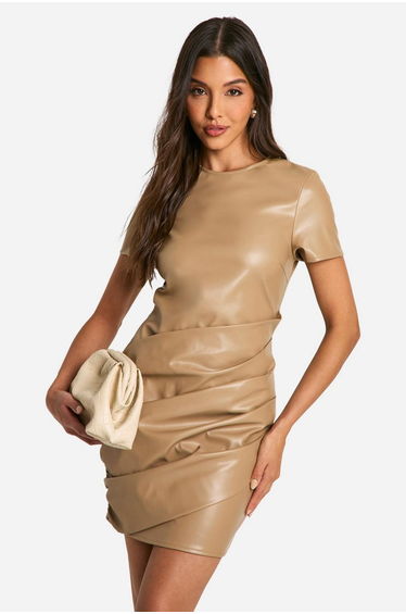 Pu Wrap Ruched T-shirt Mini Dress - stone
