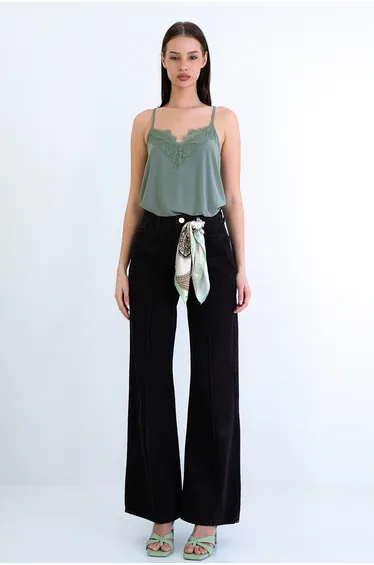 Green Rope Strap Woven Blouse with Lace Detail on the Front