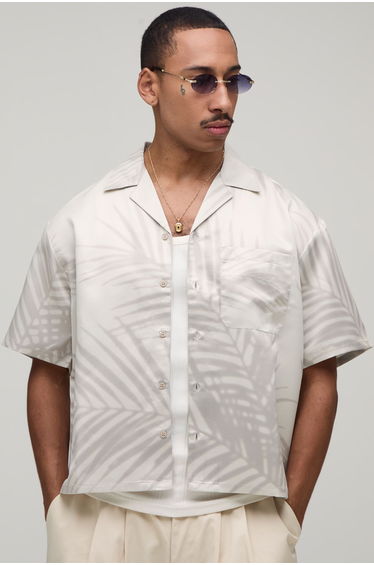 Oversized Short Sleeve Tonal Palm Print Satin Shirt - taupe