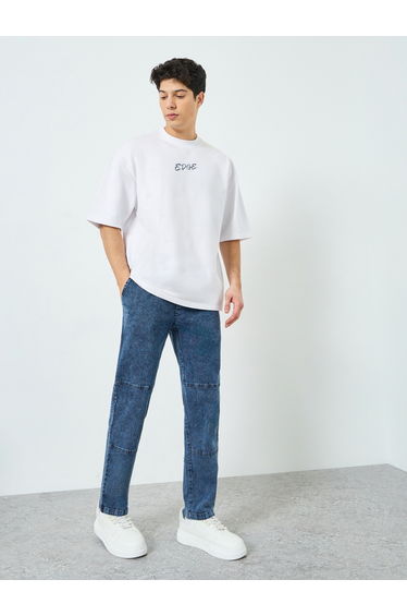 Men Washed Chambray Trousers with Cut and Sew Detail