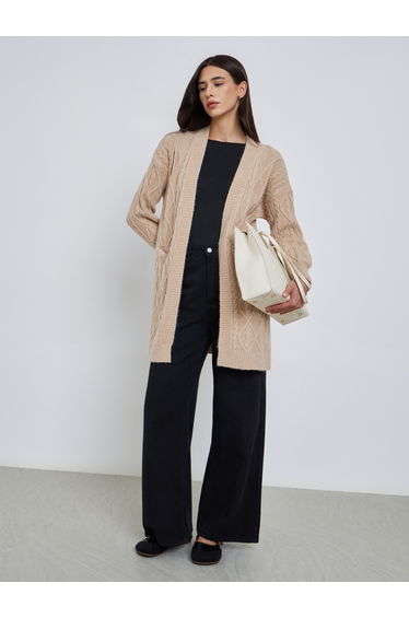 Beige Knitted Knee Length Cardigan Sweater