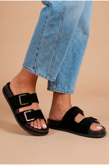 Fisher Faux Suede Double Buckle Footbed Flat Sandals