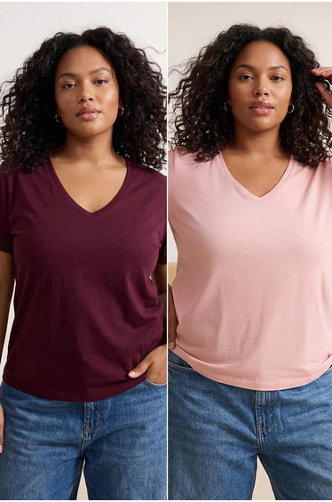 Burgundy Pink 2-Pack Basic V-Neck 100% Cotton Knitted Plus Size T-Shirt