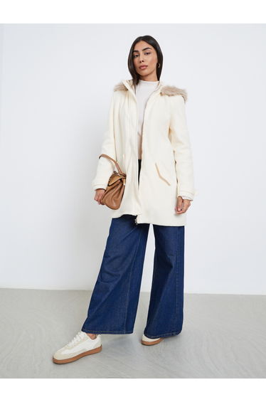 Off White Longline Wool Like Coat with Faux Fur Trim