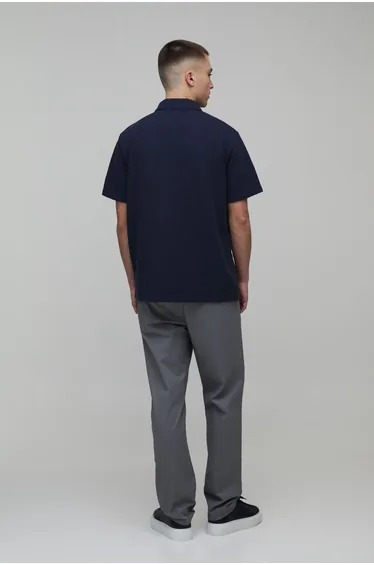 Regular Fit Heavyweight Textured Herringbone Zip Neck Polo - navy