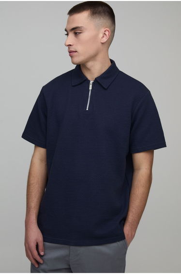 Regular Fit Heavyweight Textured Herringbone Zip Neck Polo - navy