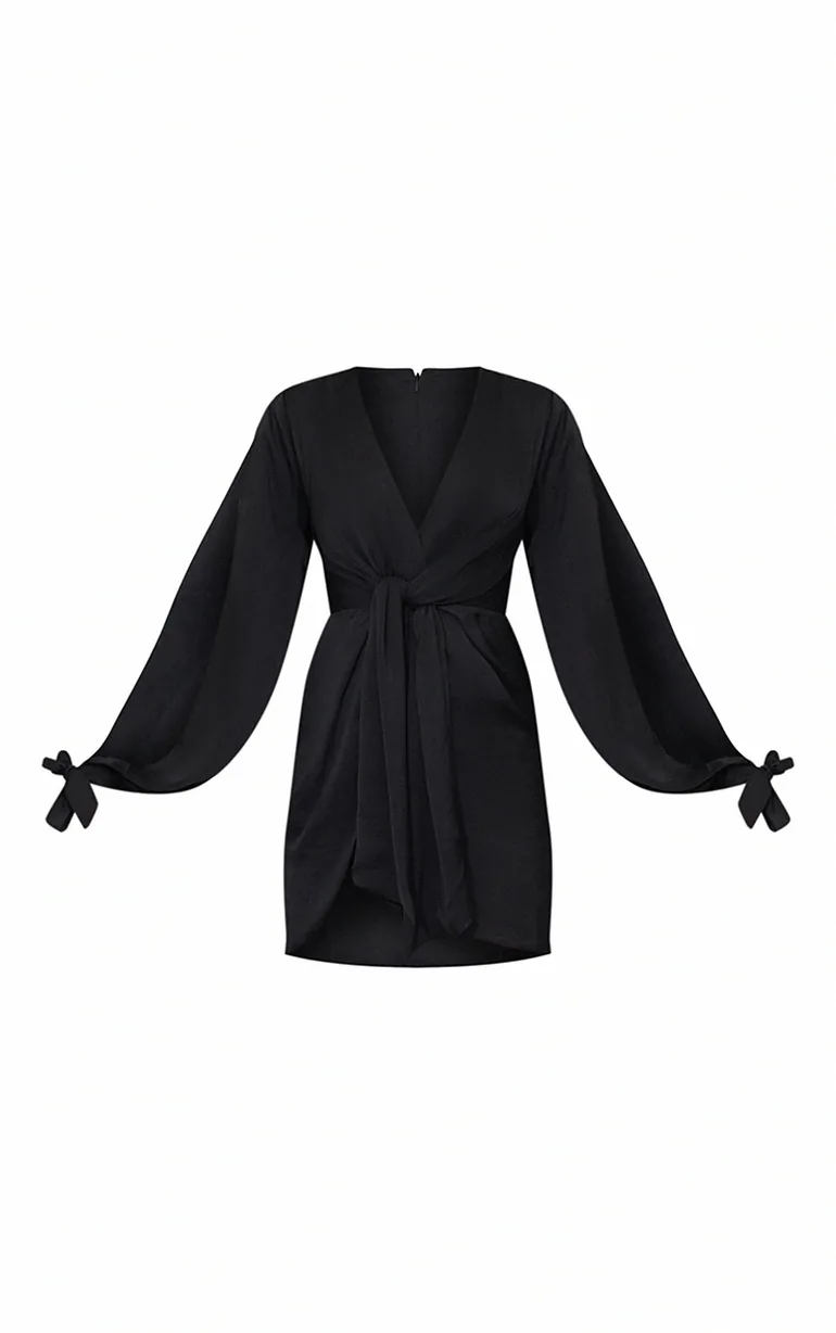 satin twist front open sleeve wrap dress Women's Plus Black Satin Twist Front Open Sleeve Wrap Dress