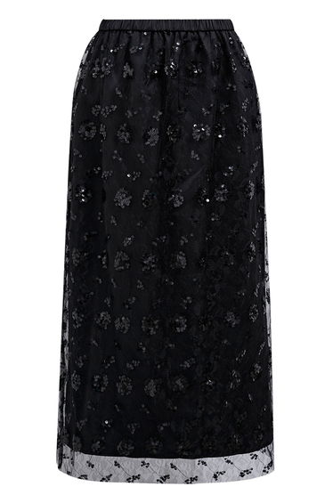 Sequined Dandelion Mesh Midi Skirt in Black