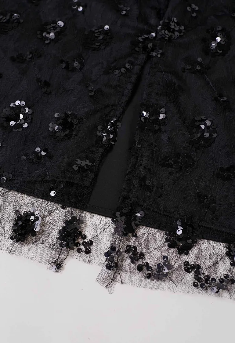 Sequined Dandelion Mesh Midi Skirt in Black - 5