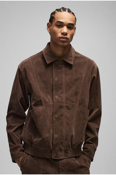 Boxy Faux Suede Pocket Harrington Jacket