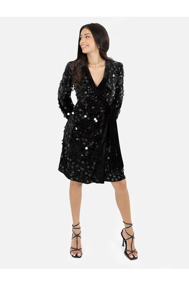 Lovedrobe Black Sequin & Velvet Trim Mini Wrap Dress