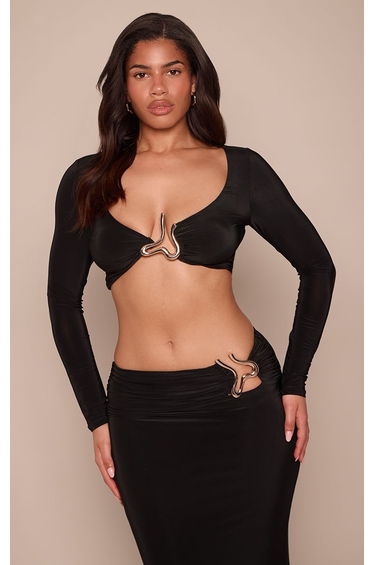 Shape Black Gold Trim Detail Plunge Long Sleeve Top