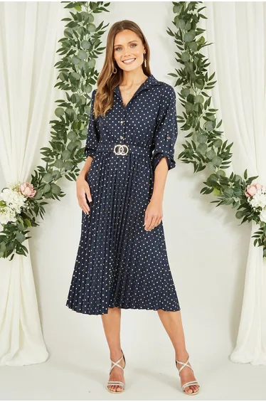 Mela Navy Spot Pleated Skirt Midi Dress With Gold Buckle