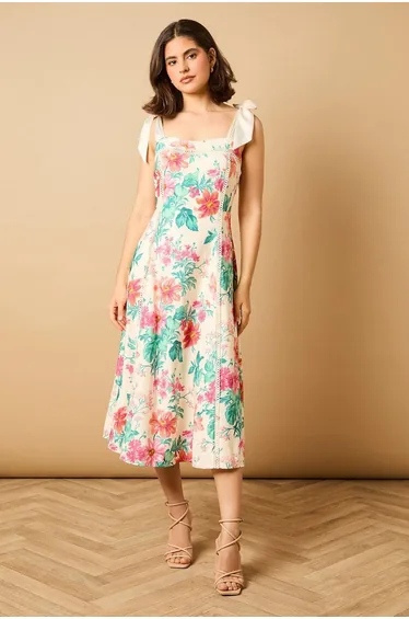 فستان حفلة ميدي بفيونكة بحمالات رفيعة