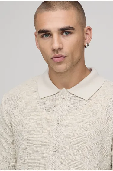 Regular Fit Cotton Blend Basket Weave Knitted Shirt - stone