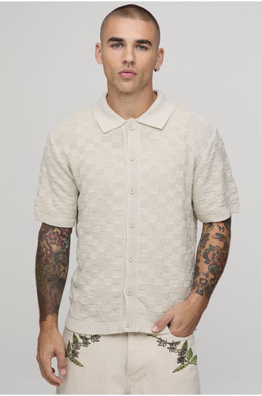 Regular Fit Cotton Blend Basket Weave Knitted Shirt - stone