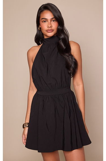 Black Stretch Woven Halterneck Backless Shift Dress