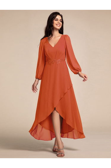 ever MARYAM|Long Lantern Sleeves Waist Applique Chiffon Formal Evening Dress