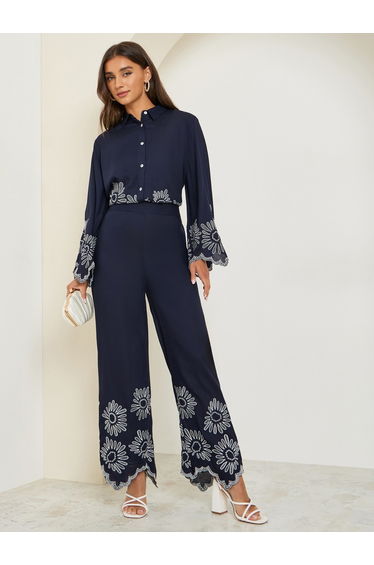 Women Navy Blue Embroidered Hem Pants